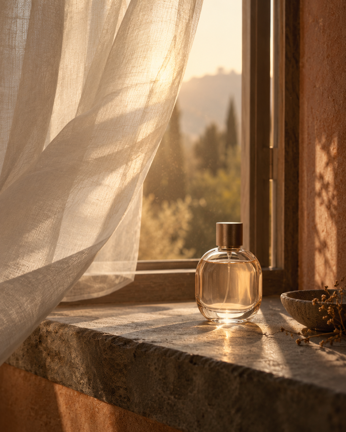 Perfume bottle on a sunlit windowsill with a sheer curtain