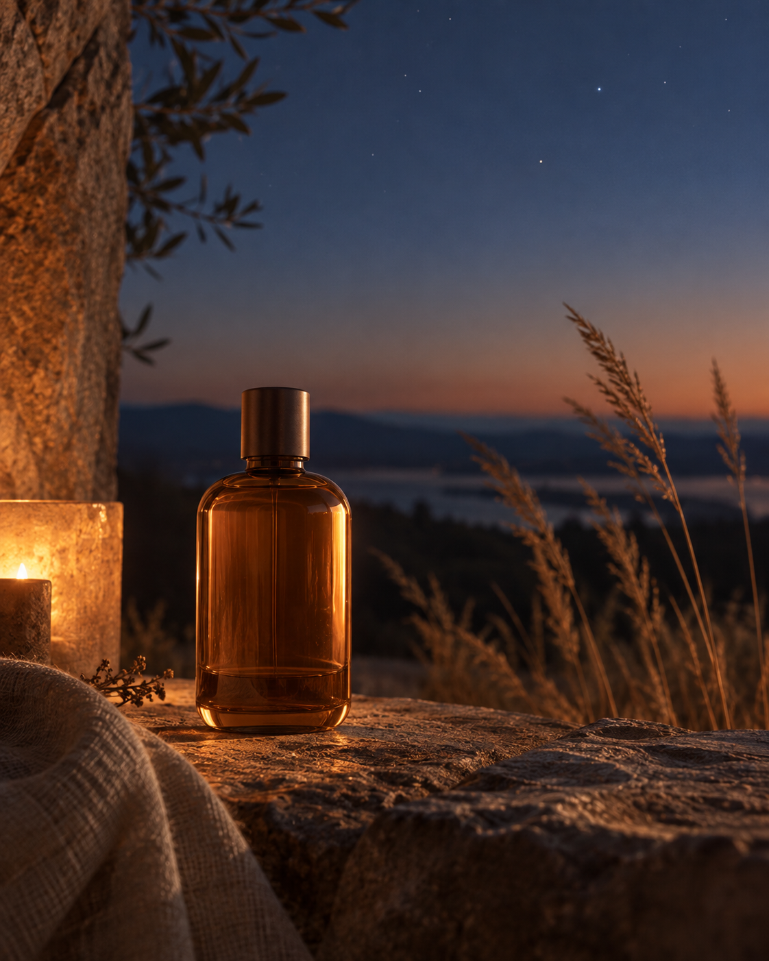 Perfume bottle at dusk overlooking the Togo hills