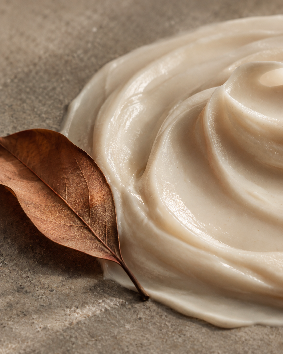 Close-up of natural body lotion texture with a dried leaf