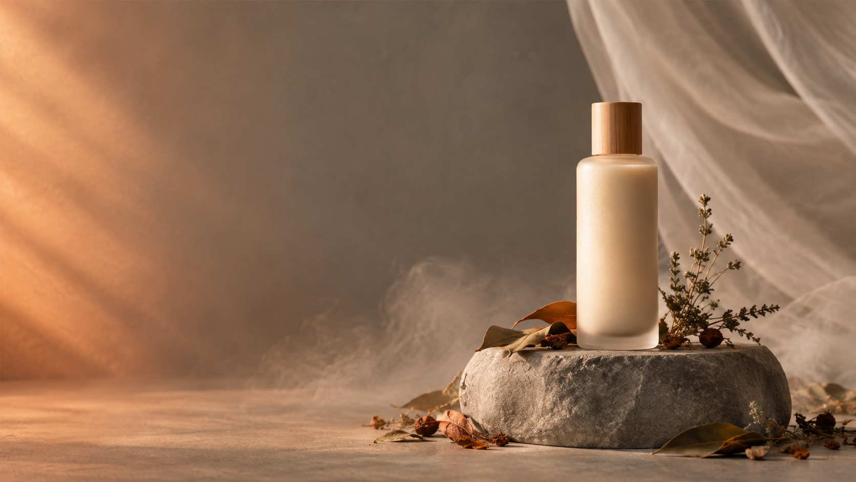 Sincerely Grey natural body lotion bottle styled with dried botanicals on stone