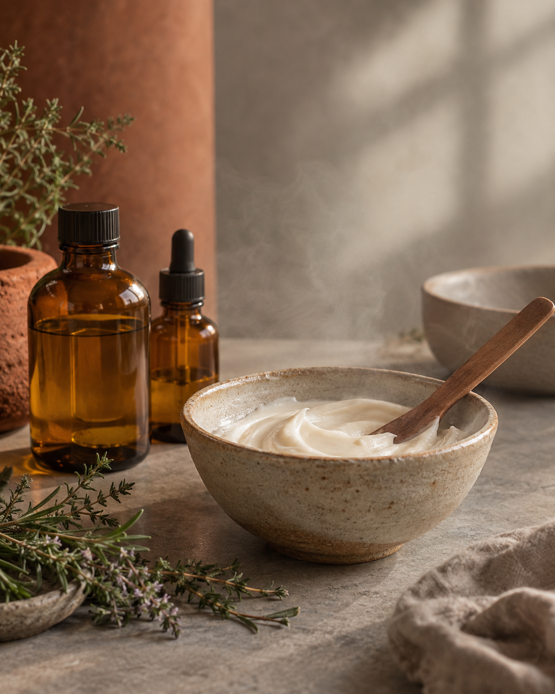 Natural body lotion being hand-mixed in a ceramic bowl