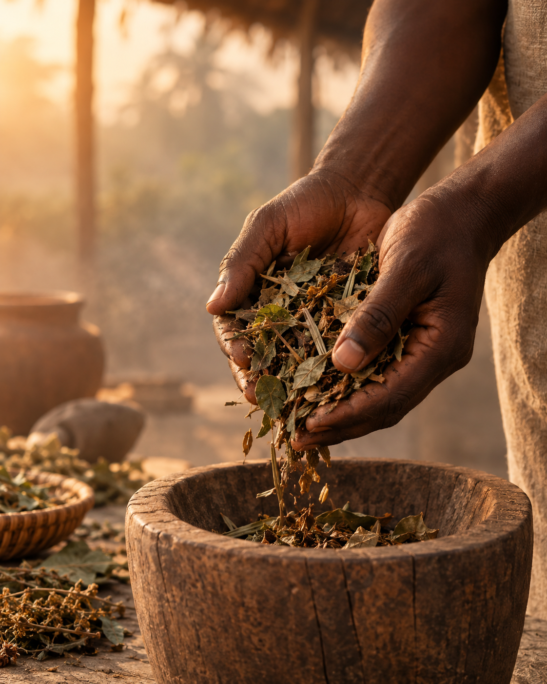 Hands pouring dried botanicals into a wooden mortar in Togo