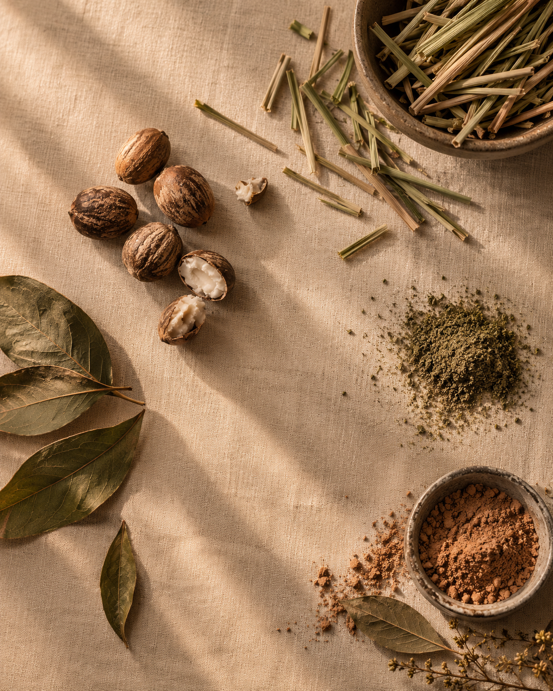 Raw leaves, herbs, shea nuts and botanical powders used in Sincerely Grey formulas
